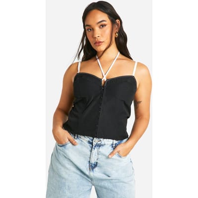 boohoo Dames Plus Contrast Stitch Lace Strappy Corset | Zwart | Maat: 46