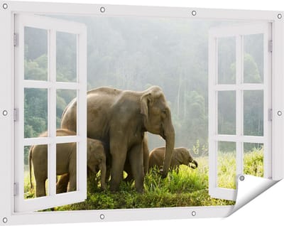 Gards Tuinposter Doorkijk Olifanten Familie in de Jungle - Olifant - 120x80 cm - Tuindoek - Tuindecoratie - Wanddecoratie buiten - Tuinschilderij