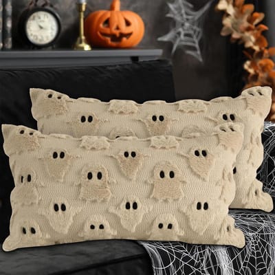 EGoods - 2 stuks kussenslopen Halloween 30 x 50 cm pluche schattig spook, decoratieve spookkussens voor bed en bank - stijl A beige