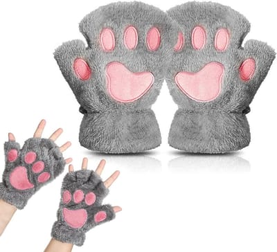 Vingerloze handschoenen voor dames, schattige kattenpoot handschoenen, warme winteraccessoires voor cosplay en dagelijks gebruik, grijs, 18*13*3cm