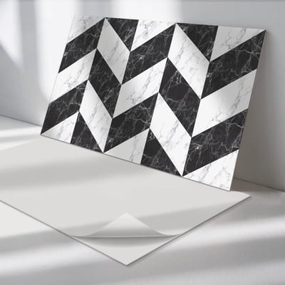 Wallfluent Vinyl Wandpaneel - Marmeren visgraatpatroon Wandpaneel PVC - 100 cm x 50 cm - Zwart en wit Vinyl Wandpaneel - Set van 1 - Rechthoekig Wandbekleding Vinyl - Texturen Wandpaneel - Zelfklevend Wandpaneel - Wandpaneel Keuken en Badkamer