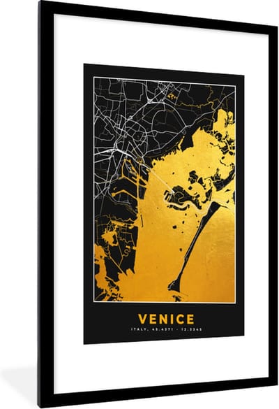 Fotolijst incl. Poster - Kaart - Venetië - Goud - Plattegrond - Stadskaart - 60x90 cm - Posterlijst