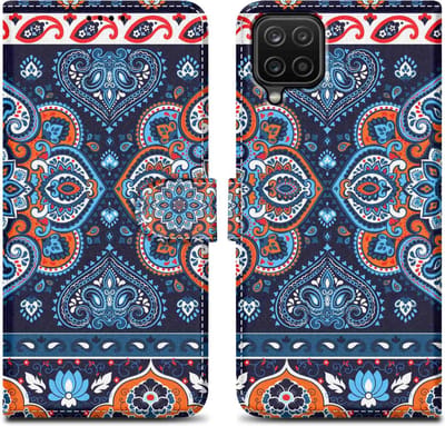 Cadorabo Hoesje geschikt voor Samsung Galaxy A12 / M12 - Design Blauwe Mandala No. 1 - Beschermhoes Case Cover met magnetische sluiting, standaardfunctie en kaartvakje