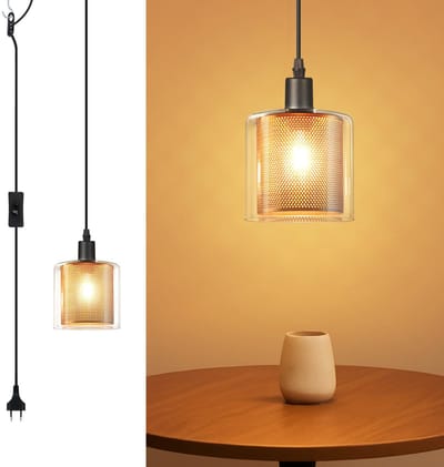 NETTLIFE Hanglamp - E14 Fitting - Vintage hanglamp - glazen gouden - Hanglamp met stekker en schakelaar - Eettafellamp met 4.5M kabel - voor Eetkamer | Woonkamer | Keuken-excl. lichtbron