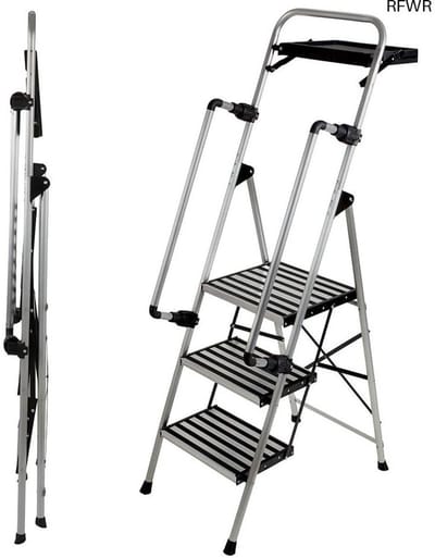 RFWR® Veiligheidsladder met Antislip en Inklapbare Leuningen - 3 Treden, TÜV-gecertificeerd, Robuuste Trapladder tot 150 kg