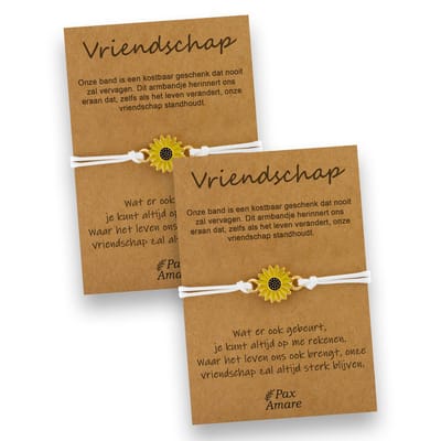 Vriendschapsarmbandjes voor 2 "Vriendschap" - Zonnebloem - BFF Armbandjes met Persoonlijk Cadeau Kaartje - Wit met Bloem Hanger - Op Twee Kaartjes- Pax Amare