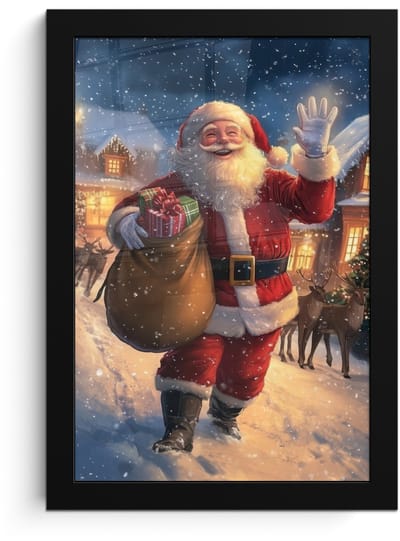 Poster in lijst - Fotolijst 20x30 cm - Posters - Kerstman - Dorp - Hert - Donker - Posterlijst zwart - Decoratie - Wanddecoratie woonkamer - Muurdecoratie slaapkamer - Kerstversiering - Kerstdecoratie voor binnen - Kerstmis