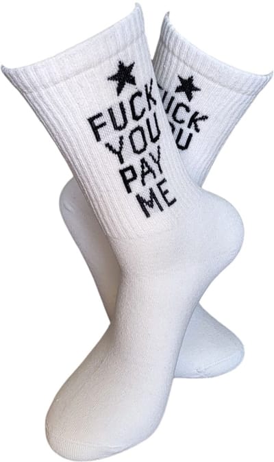 Fuck You pay me Sokken - Geld sokken - Verjaardag cadeau - Vrolijke sokken - Witte sokken - Tennis sokken - Sport sokken - Money - Valentijns cadeau - Sokken met tekst - Aparte sokken - Grappige sokken - Sokken maken Happy - Maat 37-44