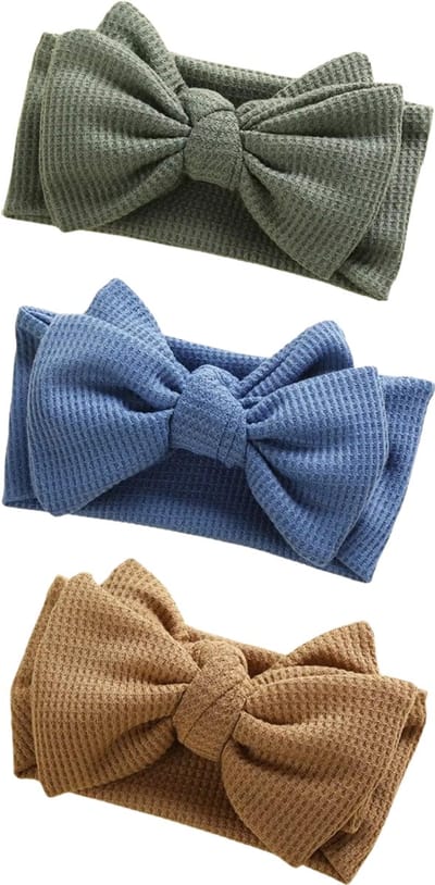 Baby Haarbandjes Grote Strik 3 Stuks – Zachte Stretch Haarband – Groen, Blauw & Beige – 3-12 Maanden