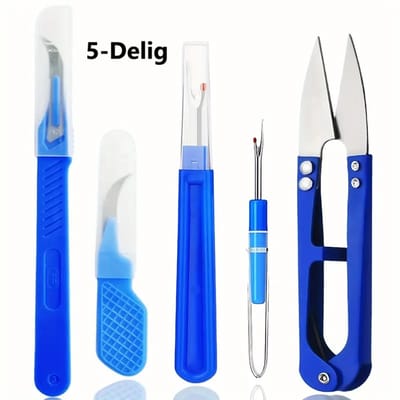 Complete 5-Delige Naaistet Met 2x Draadverwijderaars, 2x Tornmesjes & Draadschaar I Naai Benodigdheden & Accessoires I Blauw