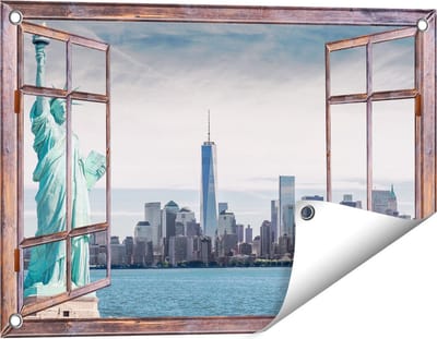 Gards Tuinposter Doorkijk Vrijheidsbeeld in New York - 60x40 cm - Tuindoek - Tuindecoratie - Wanddecoratie buiten - Tuinschilderij