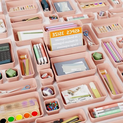 Organisator voor Lades met 3 Maten - Opbergdozen voor Badkamer, Keuken en Kantoor - 45 Stuks Roze Plastic Containers