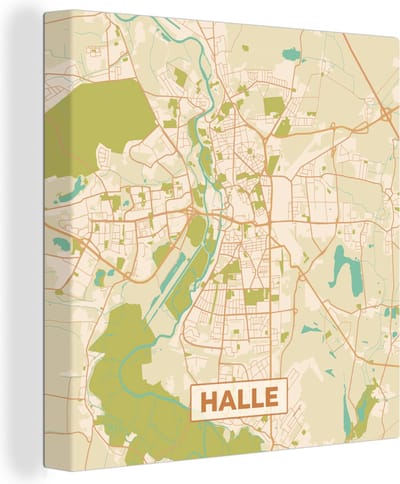 Canvas Schilderij Plattegrond - Vintage - Halle - Kaart - Stadskaart - 20x20 cm - Wanddecoratie
