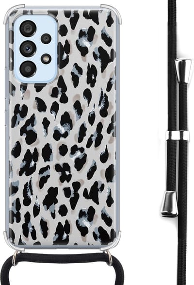 Hoesje met koord - Geschikt voor Samsung Galaxy A53 - Luipaard grijs - Verstelbaar zwart koord - Crossbody - Luipaardprint - Transparant, Grijs - Leuke Telefoonhoesjes