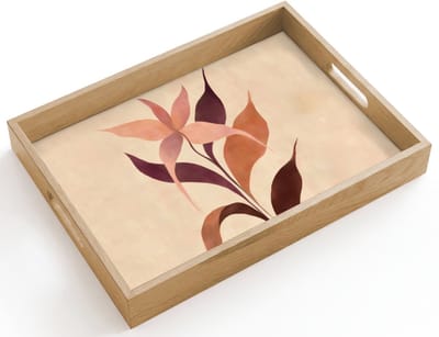 Dienblad hout 40x30 cm - Schootdienblad - Minimalistisch - Bloem - Bladeren - Beige - Borrelplank rechthoek - Plateau dienbladen