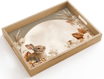Dienblad hout 40x30 cm - Schootdienblad - Konijn - Bruin - Bloemen - Cirkel - Borrelplank rechthoek - Plateau dienbladen