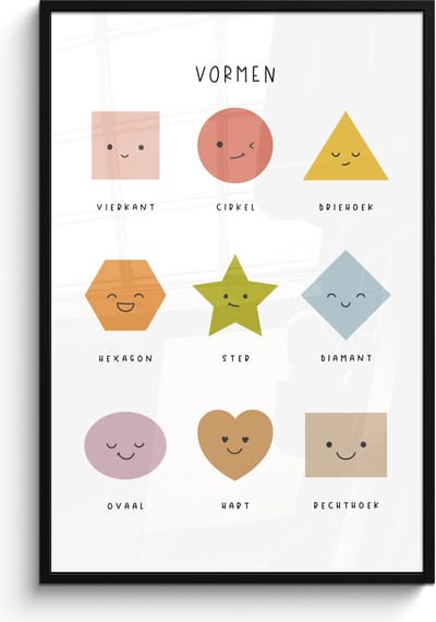 Poster in lijst - Fotolijst 80x120 cm - Posters - Vormen - Leren voor kinderen - Educatief - Kleuren - Posterlijst zwart - Kamer decoratie - Wanddecoratie kinderkamer - Muurdecoratie babykamer