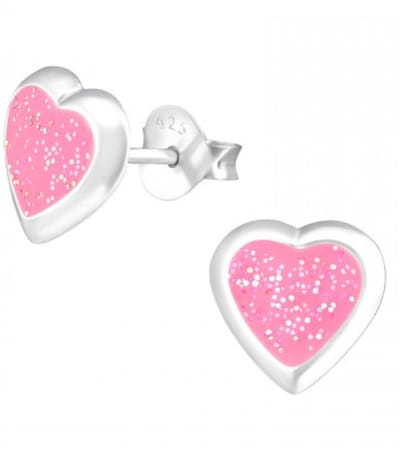Joy|S - Zilveren hartje oorbellen - 8 mm - roze met glitter en zilver randje