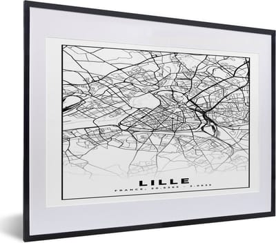 Fotolijst incl. Poster Zwart Wit- Plattegrond - Lille - Kaart - Frankrijk - Stadskaart - Zwart wit - 40x30 cm - Posterlijst