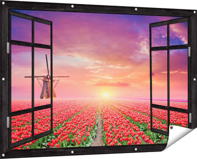 Gards Tuinposter Doorkijk Rode Rozen Bloemenveld met een Windmolen - 150x100 cm - Tuindoek - Tuindecoratie - Wanddecoratie buiten - Tuinschilderij