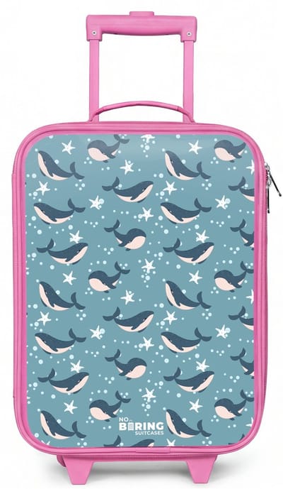 NoBoringSuitcases.com® - Kinderkoffer roze - Kindertrolley meisje - Donkerblauw walvissenpatroon met zeesterren - Koffer kind lichtgewicht - Reiskoffer trolley voor kinderen - Koffertje met lichtgevende wieltjes - Rolkoffer