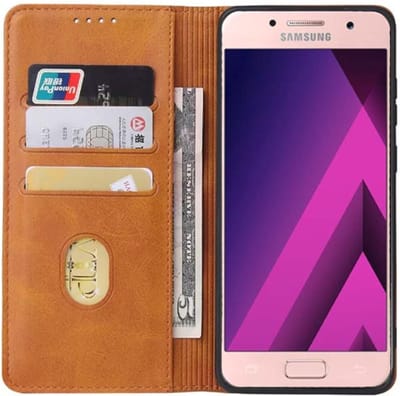 Smartphonica Samsung Galaxy A3 2017 leren hoesje met magnetische sluiting en pashouders book case – Bruin geschikt voor Samsung Galaxy A3 (2017)