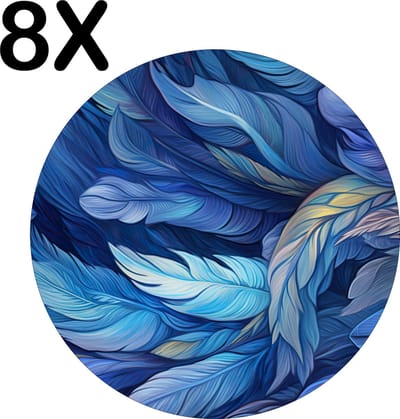 Luxe Ronde Placemat - Getekende Blauwe Veren - Set van 8 Placemats - 50x50 cm - 2 mm dik Vinyl - Anti Slip - Afneembaar
