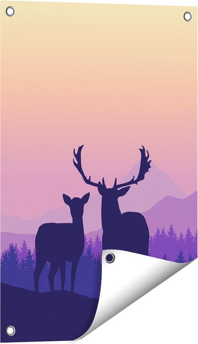 Gards Tuinposter Twee Herten - Zonsondergang - Silhouet - 40x60 cm - Tuindoek - Tuindecoratie - Wanddecoratie buiten - Tuinschilderij