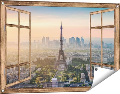 Gards Tuinposter Doorkijk Skyline van Parijs met de Eiffeltoren - 90x60 cm - Tuindoek - Tuindecoratie - Wanddecoratie buiten - Tuinschilderij