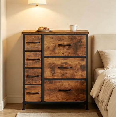 FloraGrace Dressoir - Vrijstaande Opbergkast Met 7 Lades - Voor Woonkamer Slaapkamer En Hal - Hout Metaal Stof - 63,5x30x73 Cm - Rustiek Bruin Zwart