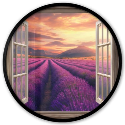 Poster in lijst Rond - Fotolijst 40x40 cm - Posters - Doorkijk - Lavendel - Landschap - Bloemen - Paars - Ronde posterlijst zwart - Decoratie - Wanddecoratie woonkamer - Muurdecoratie slaapkamer