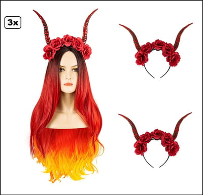 3x Diadeem met hoorns en bloemen rood - Halloween heks horror festival griezel thema