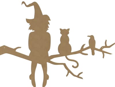 Gomille Halloween MDF figuur tak met heks, kat en kraai 49x36 cm decoratie.