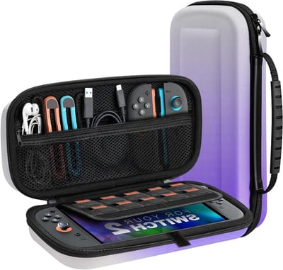 Draagbare hard shell opbergtas voor Nintendo Switch 2 met grote capaciteit, 10 gamekaartslots en accessoires vakken, in gradient paars