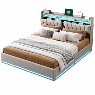 Innovastore Bed - Tweepersoonsbed - Gestoffeerd bed - Slaapkamermeubilair - Opberghoofdbord - Opbergruimte - LED - USB - Beige