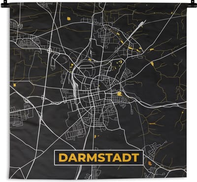 Wandkleed - Wanddoek - Duitsland – Black and Gold – Darmstadt – Stadskaart – Kaart – Plattegrond - 180x180 cm - Wandtapijt