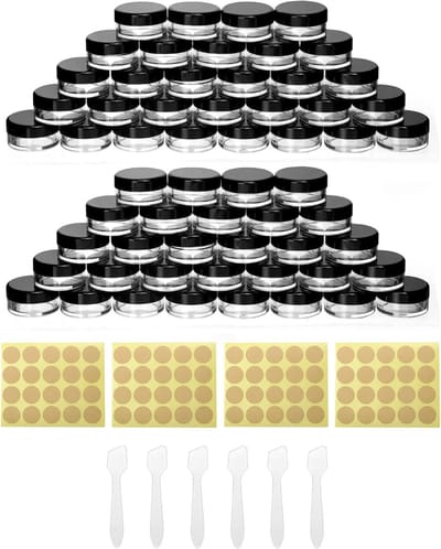 60 Stuks Kleine Plastic Potjes met Deksel, Stickers en Lepel voor Make-up, Sieraden en Gelopslag