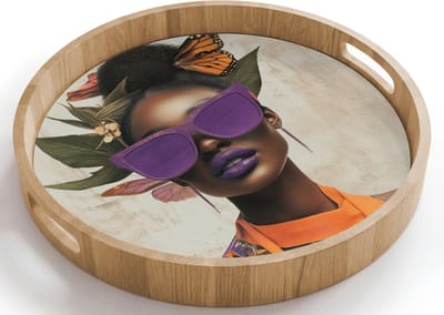 Dienblad rond 40x40 cm - Schootdienblad hout - Vrouw - Zonnebril - Vlinder - Bloemen - Borrelplank rechthoek - Plateau houten dienbladen