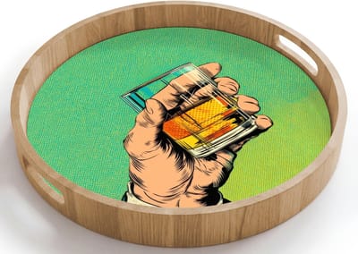Dienblad rond 40x40 cm - Schootdienblad hout - Whisky - Glas - Hand - Groen - Borrelplank rechthoek - Plateau houten dienbladen
