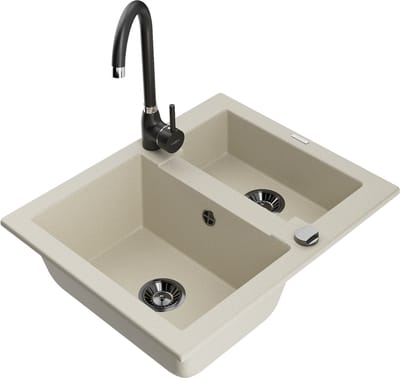 Mexen Carlos granieten spoelbak 1,5-komorige met Telma keukenkraan, beige - 6518-69-670200-70