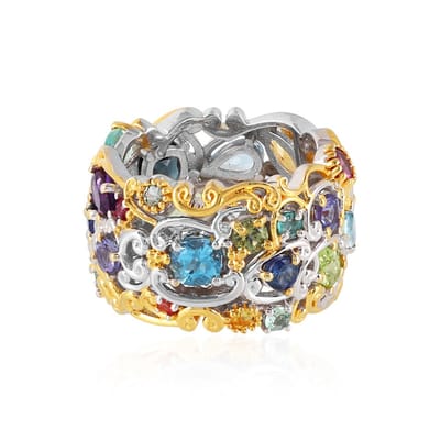 Cavill - Zilveren Statement Ring - 925 Sterling Zilver - Peridoot 0,69 ct, Citrien 0,4 ct, Aquamarijn 0,18 ct - Bloemvorm