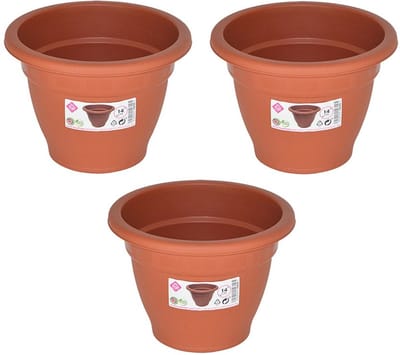Set van 3x stuks terra cotta kleur ronde plantenpot/bloempot kunststof diameter 14 cm - Plantenbakken/bloembakken voor buiten