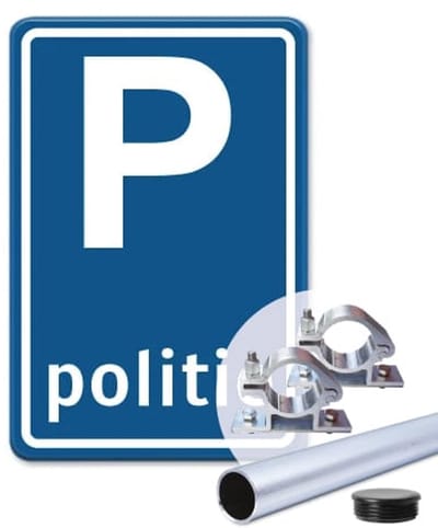 Parkeerbord Politie - blauw - Weerbestendig Aluminium - 30x45 cm - Bevestiging: Met paal 150 cm + paalbeugels + paaldop