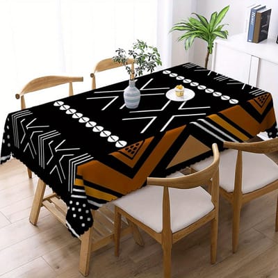 1 STuks Afrikaans Tribaal Geometrisch Rechthoekig Tafelkleed, Polyester Tafelhoes Met Waaiervormige Rand, Huis Eetkamer Woonkamer Keuken 90x140cm black