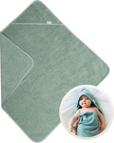 Funnies Badcape Stone Green 100x100 cm - 100% Katoenen Badstof - Zachte en Absorberende Baby Badcape - Handdoek met Capuchon - Grote Omslagdoek - Dikke Badstof - Voor na het Badderen - Makkelijk Wasbaar en Geschikt voor Gevoelige Huid