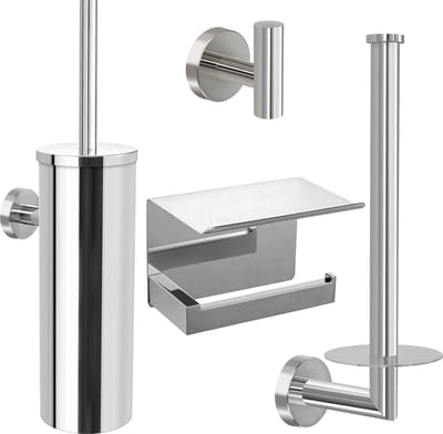 VDN Stainless Toiletaccessoireset chroom 4-delig - Toiletborstelhouder - Toiletrolhouder met plankje - Handdoekhaakje - Reserverolhouder