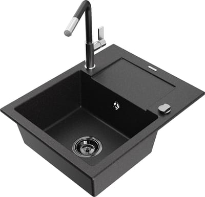 Mexen Enzo granieten gootsteen 1-komorige met afdruiprek en keukenkraan Flora, zwart/zilver metallic - 6506-73-670401-07-B