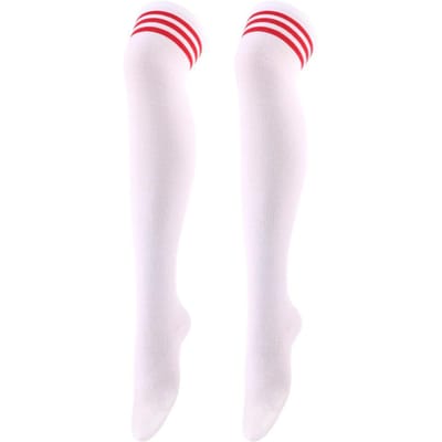 Nouvelles chaussettes longues sexy à rayures de couleur unie pour femmes au-dessus du genou, cuissardes hautes au-dessus du genou, chaussettes chaudes au genou pour dames et filles blanc/rouge