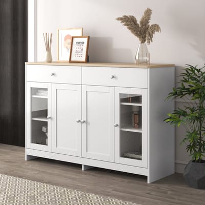 VVBV Opbergkast met Lades - Verstelbaar, Deuren, Glasaccent, Voor Woonkamer, 4 Deuren, Lades - Hout/Glas Wit/Naturel