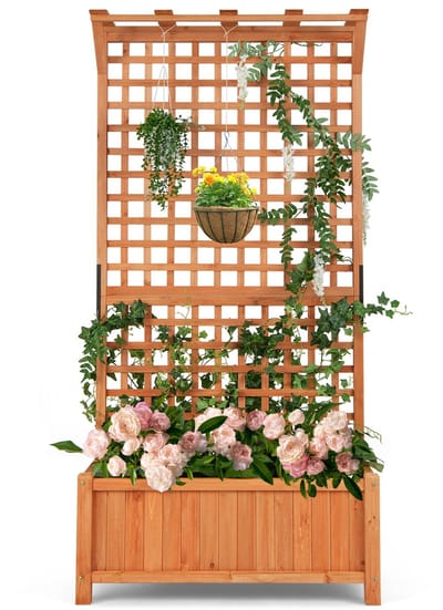 COSTWAY Bloembak met latwerk en dak, dennenhout, verhoogd bloembed met rankrooster en drainagegaten, tuinspalier voor klimplanten, rankkast, klimhulp, tuin, terras, 90 x 44,5 x 183,5 cm